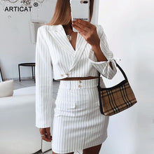 Load image into Gallery viewer, Articat Striped Women Two Pieces Set Dress Sexy Lace Up V Neck Crop Tops Dress Bodycon Elegant 2019 Autumn Female Office Wear