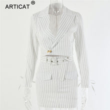 Load image into Gallery viewer, Articat Striped Women Two Pieces Set Dress Sexy Lace Up V Neck Crop Tops Dress Bodycon Elegant 2019 Autumn Female Office Wear