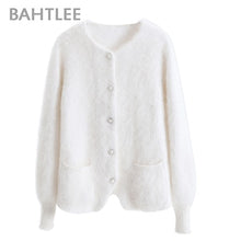 Load image into Gallery viewer, BAHTLEE Women Angora Short Cardigans Sweater Autumn Winter Wool Knitted Coat Jumper Long Sleeves O-Neck Pearl buckle