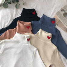 Load image into Gallery viewer, 2019 Knitted Women Sweater Ribbed Pullovers Heart Embroidery Turtleneck Autumn Winter Basic Women Sweaters Fit Soft Warm Tops