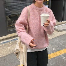 Load image into Gallery viewer, 2019 Autumn Winter Pink Sweater Womens O-neck Pullovers Soft Knitted Sweater Casual Tops pull femme