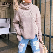 Load image into Gallery viewer, Affogatoo Beading turtleneck loose knitted pullover women Casual fashion winter sweater women Autumn long sleeve jumpers female